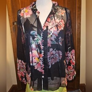 Johnny Was Jade Silk Sheer Floral Black and Pink Blouse With Ruffle Collar